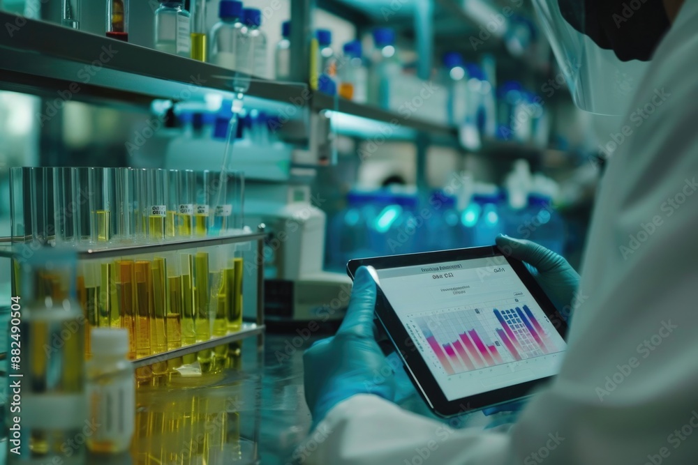 Poster A scientist in a lab coat uses a tablet computer, great for medical or technology-related concepts