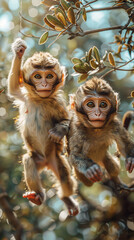 Whimsical Monkeys Frolicking in Lush Forest - High Quality 8K Ultra-realistic Wildlife Scene