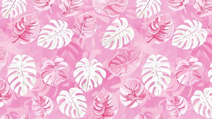 Tropical Leaves Seamless Pattern Watercolor Pink White