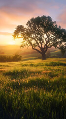 Dawn of Blessings: Serene Sunrise Over a Tranquil Meadow with Majestic Oak Tree