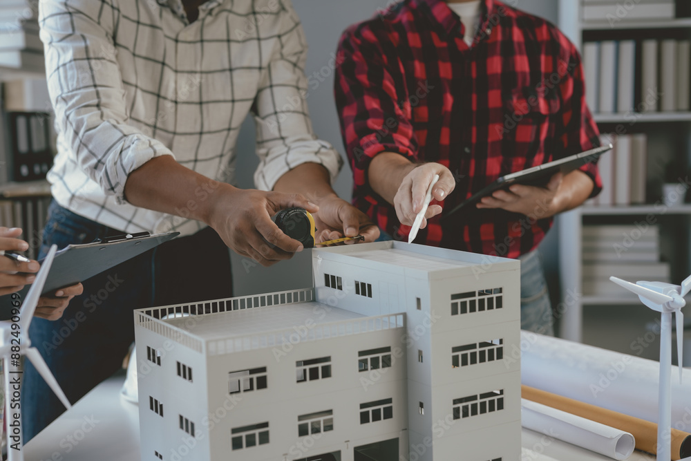 Wall mural architects are working together in the office using a scale model of a building to make calculations