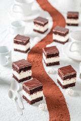 Tasty chocolate cream cake made of cocoa and cream.
