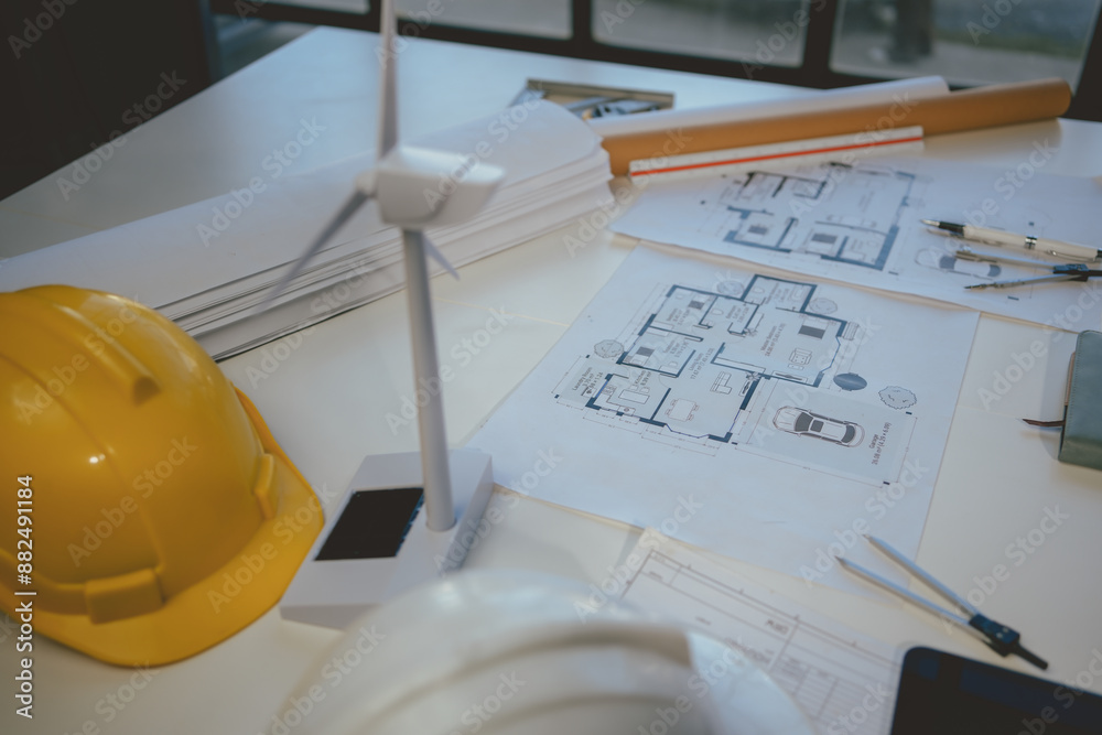 Wall mural scale model of a wind turbine is standing on an architect's desk amidst blueprints and drafting tool