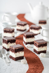 Tasty chocolate cream cake as dessert in Warsaw.