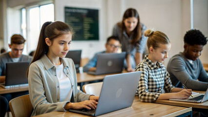 Fototapeta premium education, high school, technology and people concept - group of students with laptop computers in classroom