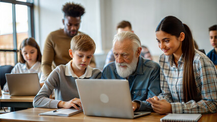 education, technology and people concept - group of smiling students and teacher with laptop computer in classroom