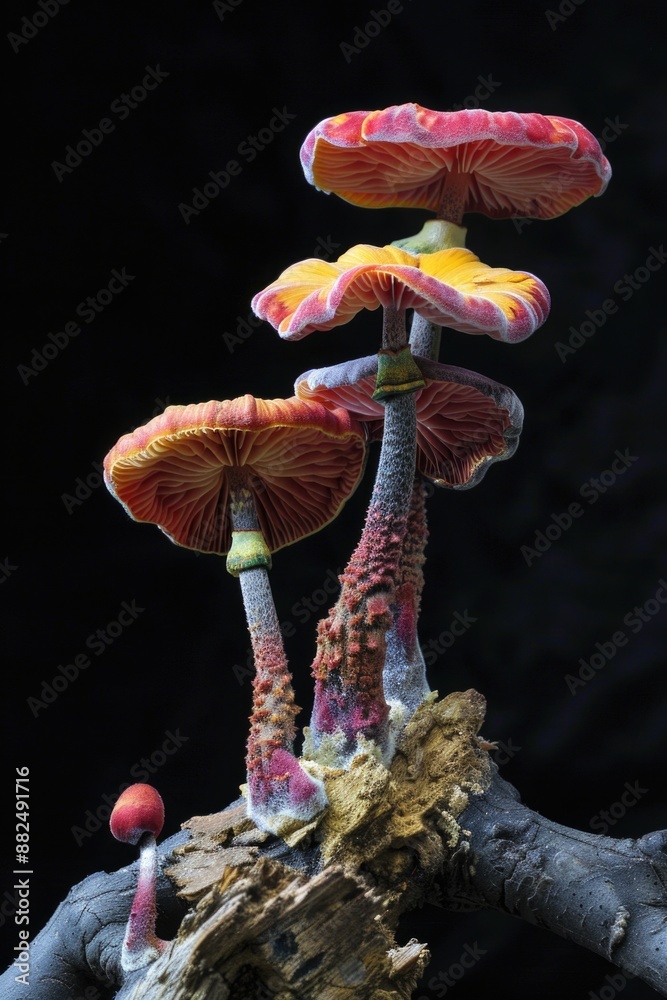 Poster a cluster of mushrooms growing on a tree branch, surrounded by foliage