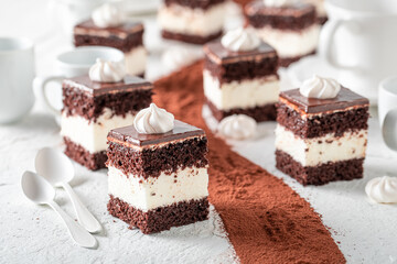 Homemade chocolate cream cake made of cocoa and cream.