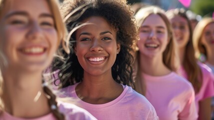 Fototapeta premium beautiful woman smiling in pink shirt in a group of women at a world breast cancer day march