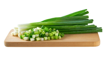 young green onions or scallions on a cutting board isolated on a white background.