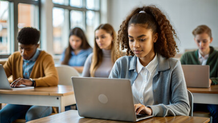 Portrait of female student using laptop in classroom with classmates in background