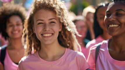 Fototapeta premium beautiful woman smiling in pink shirt in a group of women at a world breast cancer day march