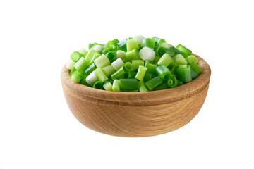 Chopped green onion in a wooden bowl isolated on white background.