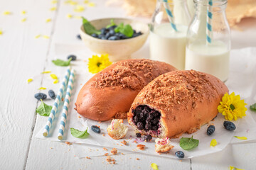 Homemade and tasty blueberry yeast cake served with milk.
