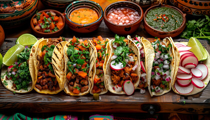 Mexican tacos, featuring a variety of fillings such as grilled meats, fresh vegetables,