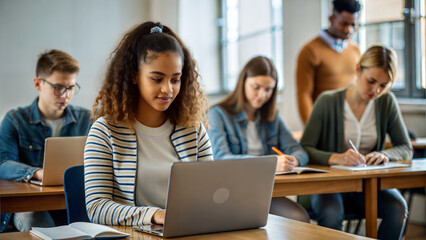Fototapeta premium Group of young multiethnic students sitting in classroom and using laptop