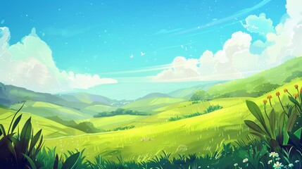 Obraz premium Serene Landscape with Rolling Hills Under a Bright Blue Sky