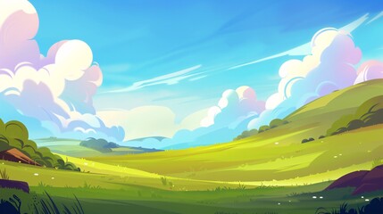 Summer Meadow Landscape with Blue Sky and Fluffy Clouds