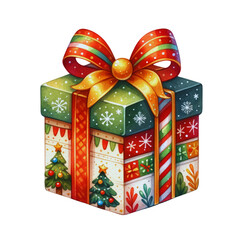 A colorful box with a green bow on top and a red bow on the bottom