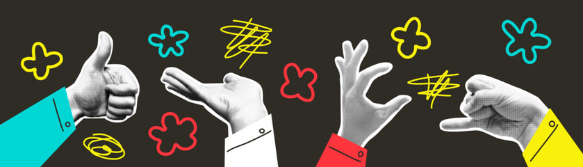 Set gestures in halftone. Collection of sign and symbols. Elements and figures. Scribble. Vector illustration. Trendy. Hands in sleeves. Collage torn paper. Retro y2k style. Doodle. Graffiti.