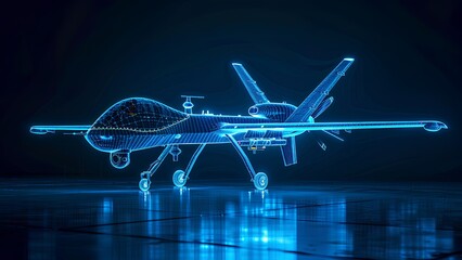 military drone wire frame glowing blue