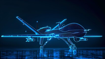 military drone wire frame glowing blue