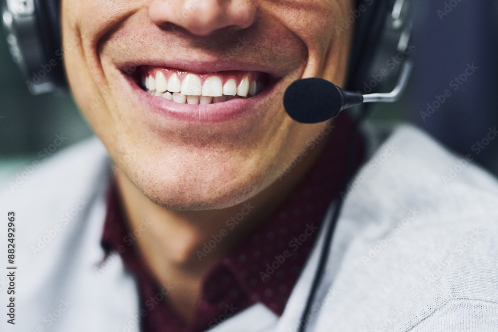 Poster call center, person and mouth with headset in office for customer service, discussion and help to cl