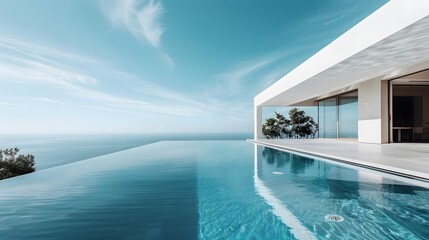 Fototapeta premium Modern minimalist sustainable house with a clear blue pool with sleek white walls, and a serene sky backdrop. 