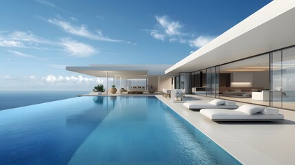 Fototapeta premium Modern minimalist sustainable house with a clear blue pool with sleek white walls, and a serene sky backdrop. 