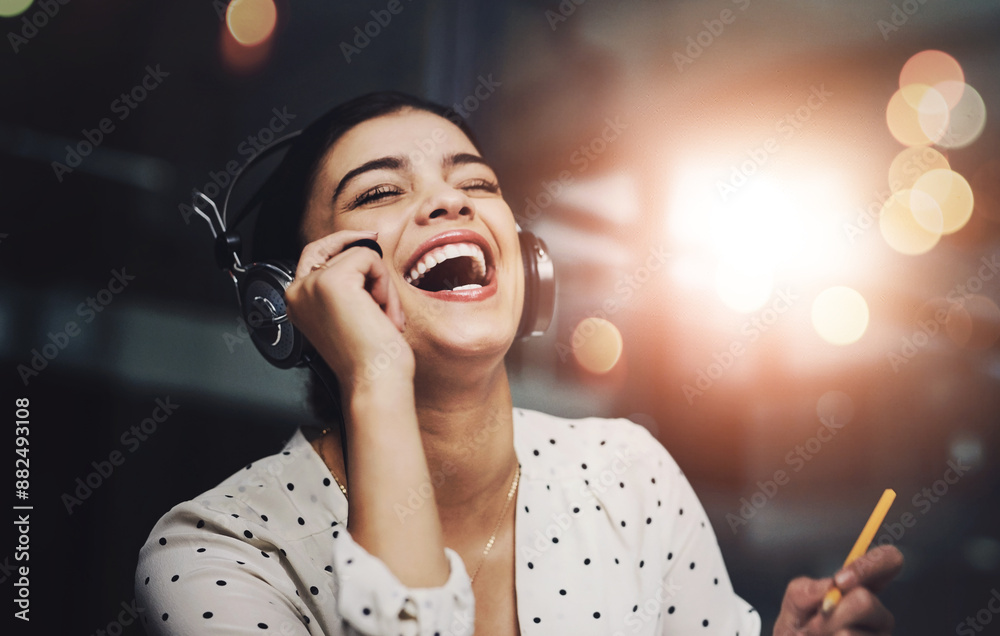 Aufkleber night, happy and woman with headset in call center for customer service, discussion and joke to clie