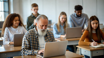 Obraz premium Group of multiethnic students using laptop in classroom. Selective focus.