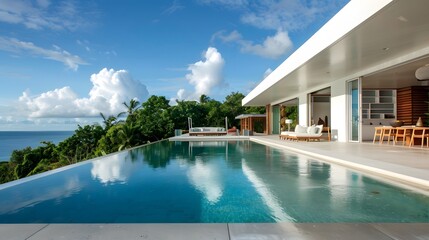 Fototapeta premium Modern minimalist sustainable house with a clear blue pool with sleek white walls, and a serene sky backdrop. 