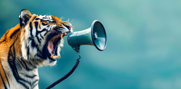 Powerful image of a fierce tiger roaring loudly into a megaphone showcasing a creative advertisement concept with wide copy space available for message or branding  This image depicts the strength