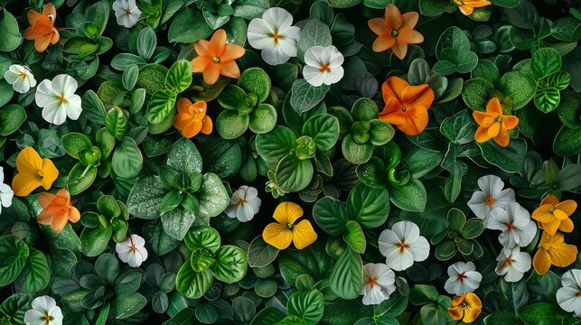 High Angle Shot of Blooming Tigirdia, Tropaeolum Majus, Viola Tricolor, and Vinca Difformis