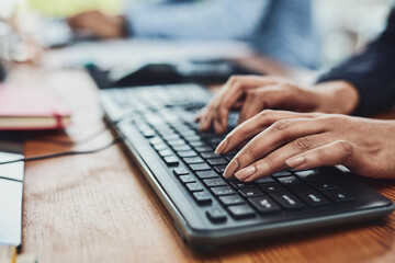 Hands, keyboard and click with person, office and research for report, proposal and media with...