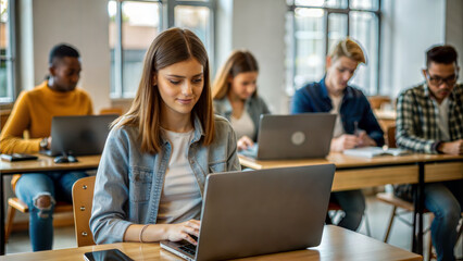 Young female student using laptop in classroom with group of students in background