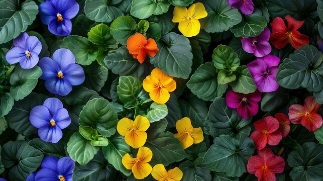 Overhead Shot of Tigirdia, Tropaeolum Majus, Viola Tricolor, and Vinca Difformis in Bloom