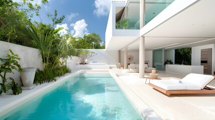 Modern minimalist sustainable house with a clear blue pool with sleek white walls, and a serene sky backdrop. 