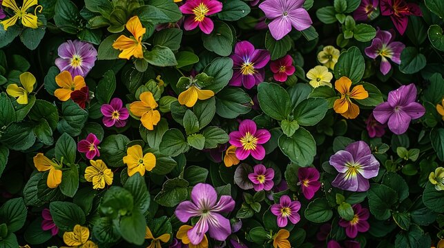 Blooming Tigirdia, Tropaeolum Majus, Viola Tricolor, and Vinca Difformis from Above