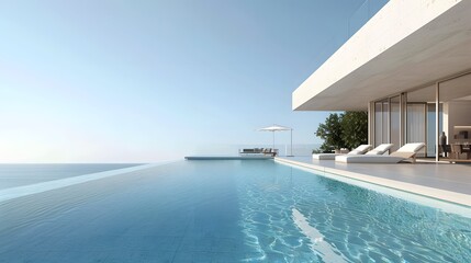 Obraz premium Modern minimalist sustainable house with a clear blue pool with sleek white walls, and a serene sky backdrop. 
