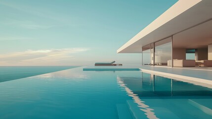 Fototapeta premium Modern minimalist sustainable house with a clear blue pool with sleek white walls, and a serene sky backdrop. 