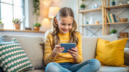 Obraz premium Cute little girl using smartphone while sitting on sofa in living room at home