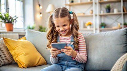 Obraz premium cute little girl using smartphone while sitting on couch in living room