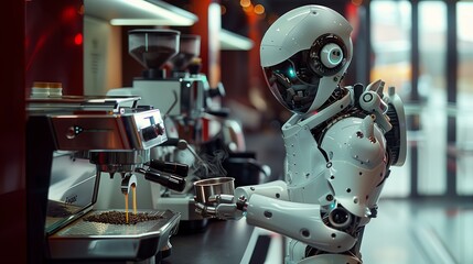 Fototapeta premium A robot of the future is making coffee for guest