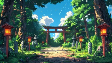 Fototapeta premium Japanese gate Anime style illustration, anime background