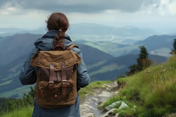 A lone woman views the scenic winter mountain landscape with snow-covered peaks, alpine trees, and clouds filling the sky