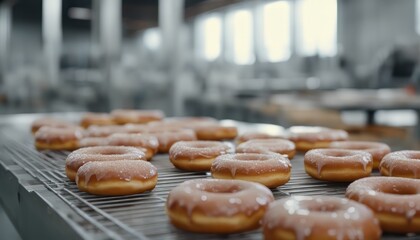 View of delicious glazed donuts in factory