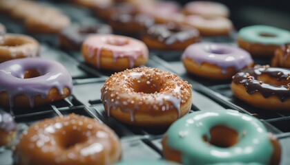 View of delicious glazed donuts in factory