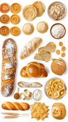  Bread, buns, ravioli and wheat flour isolated on a white. Collage. Wide photo.