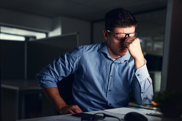 Man, stressed and business or night office, working late and worried for company deadline. Mental...